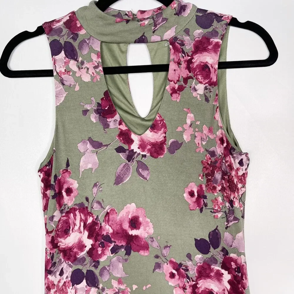 Francescas Alya XS Sage Green Pink Red Floral Keyhole Knit Dress Summer ALine
